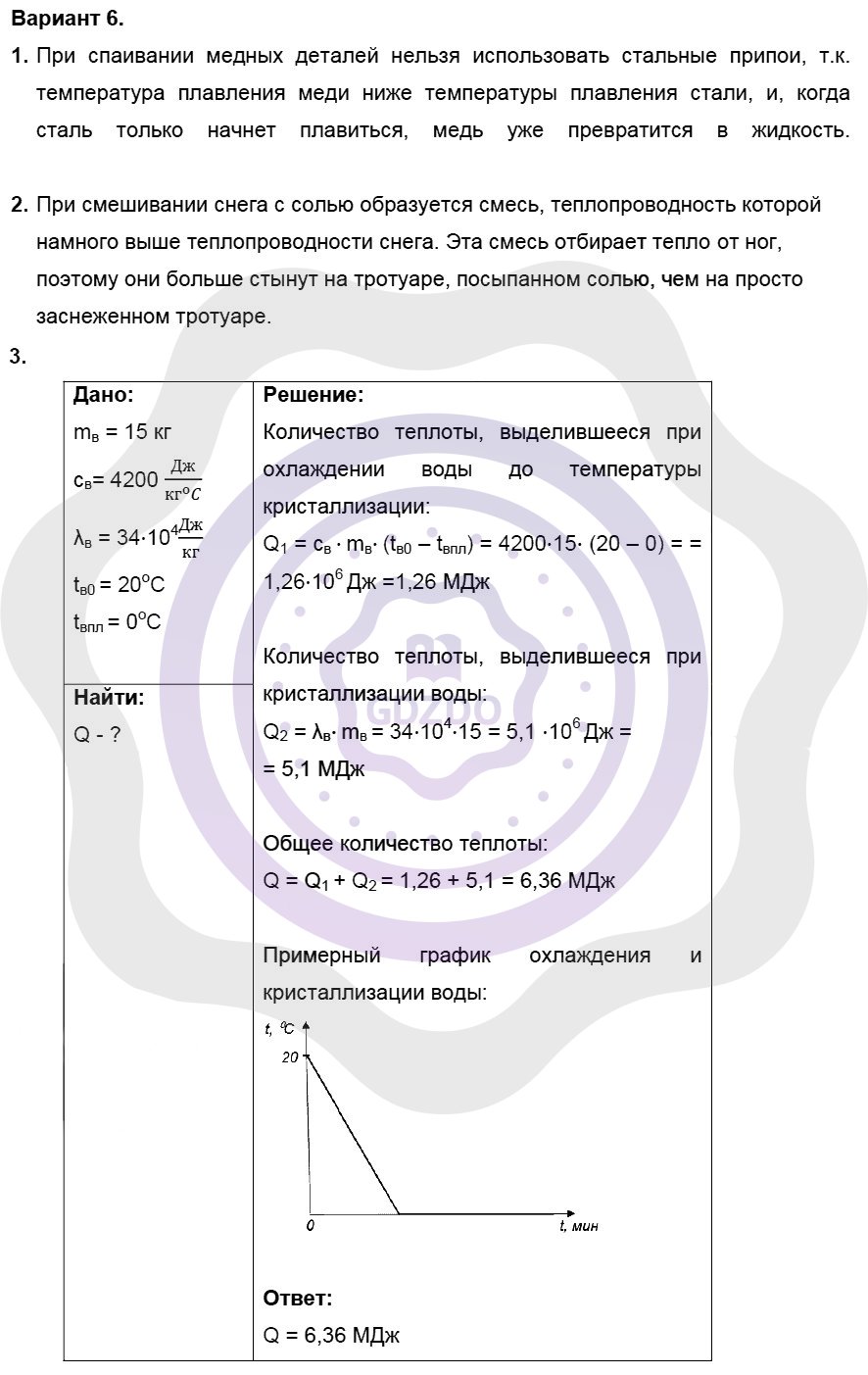Ответы ГДЗ Физика за 8 класс Дидактические материалы Самостоятельные работы  / 4. Плавление и отвердение: Вариант 6