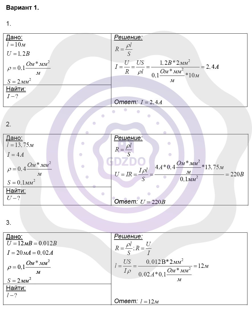 Ответы ГДЗ Физика за 8 класс Контрольные и самостоятельные работы  Самостоятельные работы / 34. Примеры на расчет сопротивления проводник,  силы тока и напряжения. Реостаты: Вариант 1