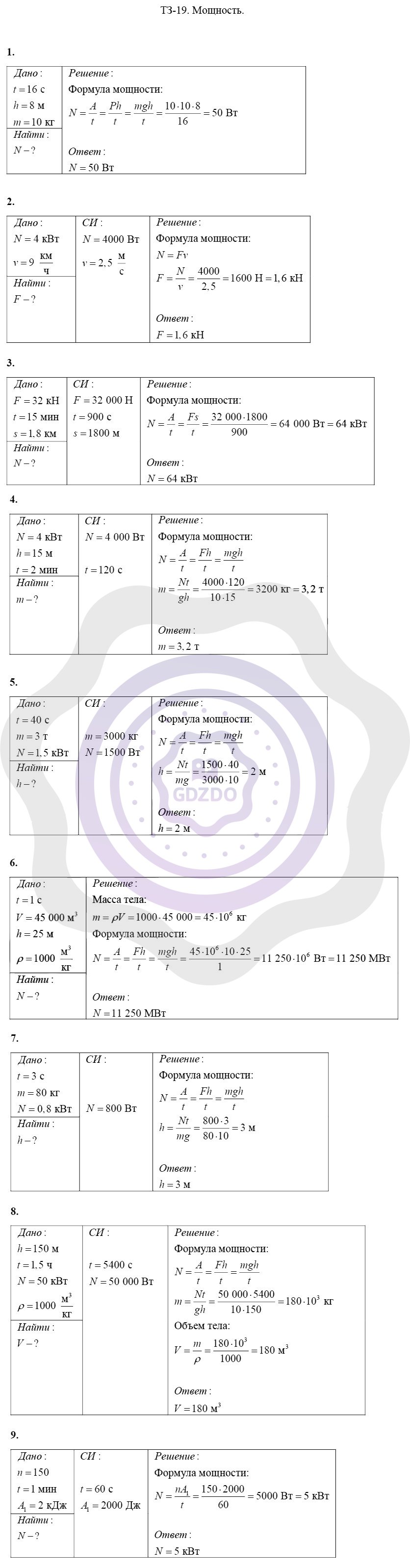 Ответы ГДЗ Физика за 7 класс Дидактические материалы Тренировочные задания:  ТЗ-19. Мощность
