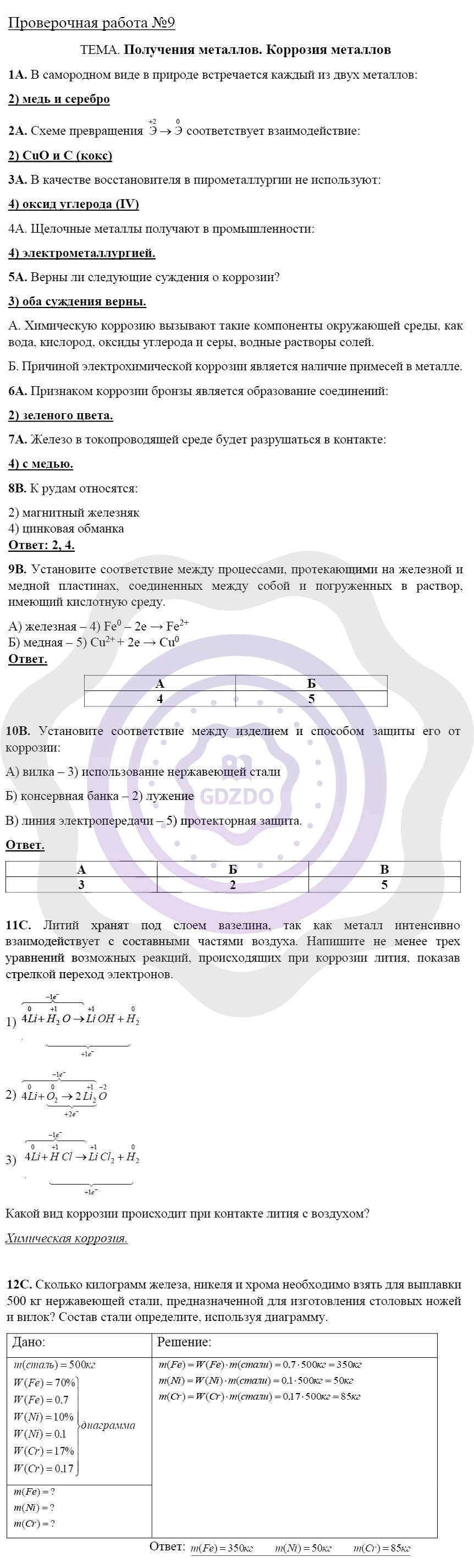 Ответы ГДЗ Химия за 9 класс Тетрадь для оценки качества знаний Проверочные  работы: №9. Получение металлов. Коррозия металлов